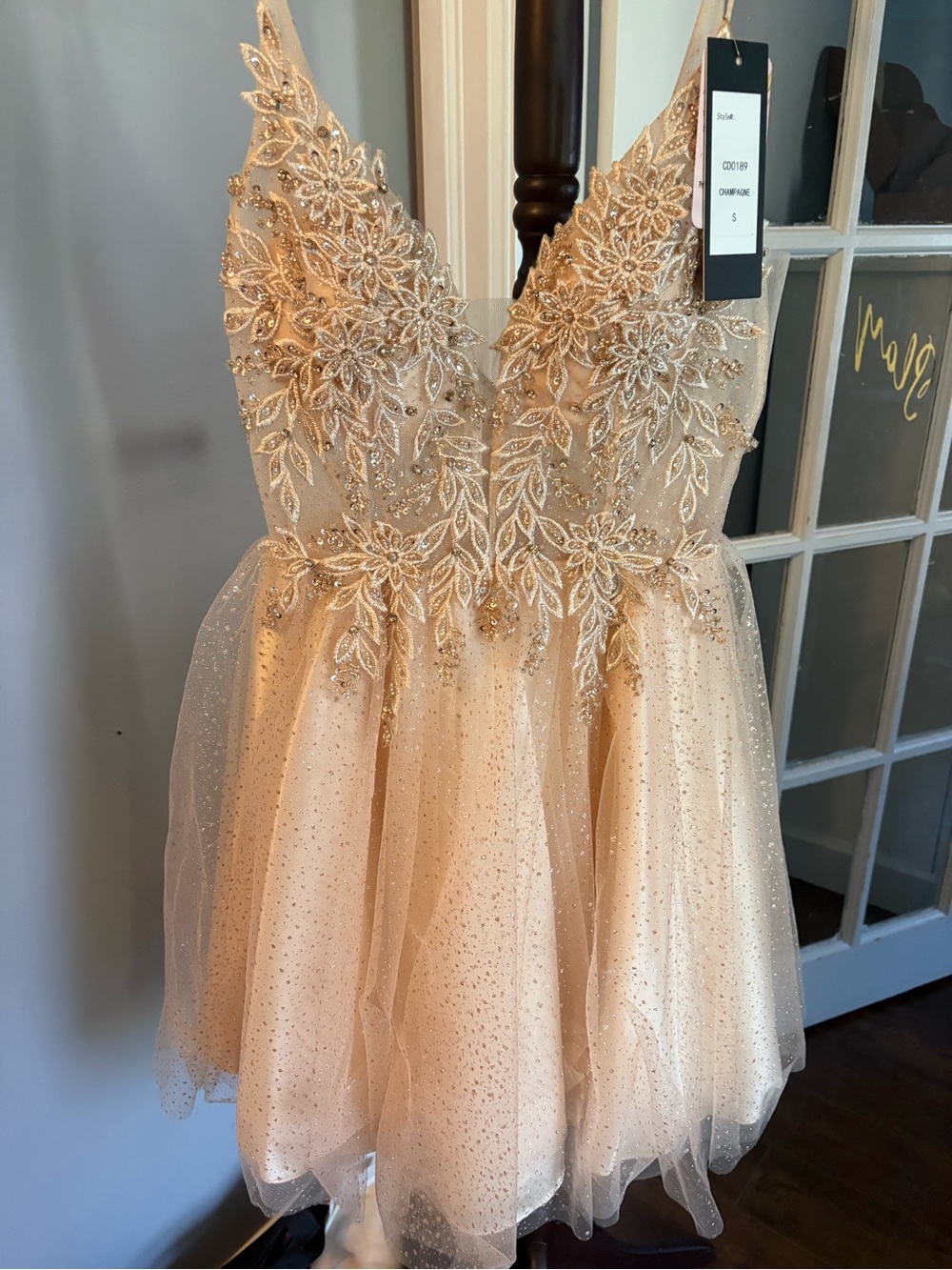 Embellished V-Neck Prom Dress in Champagne Gold